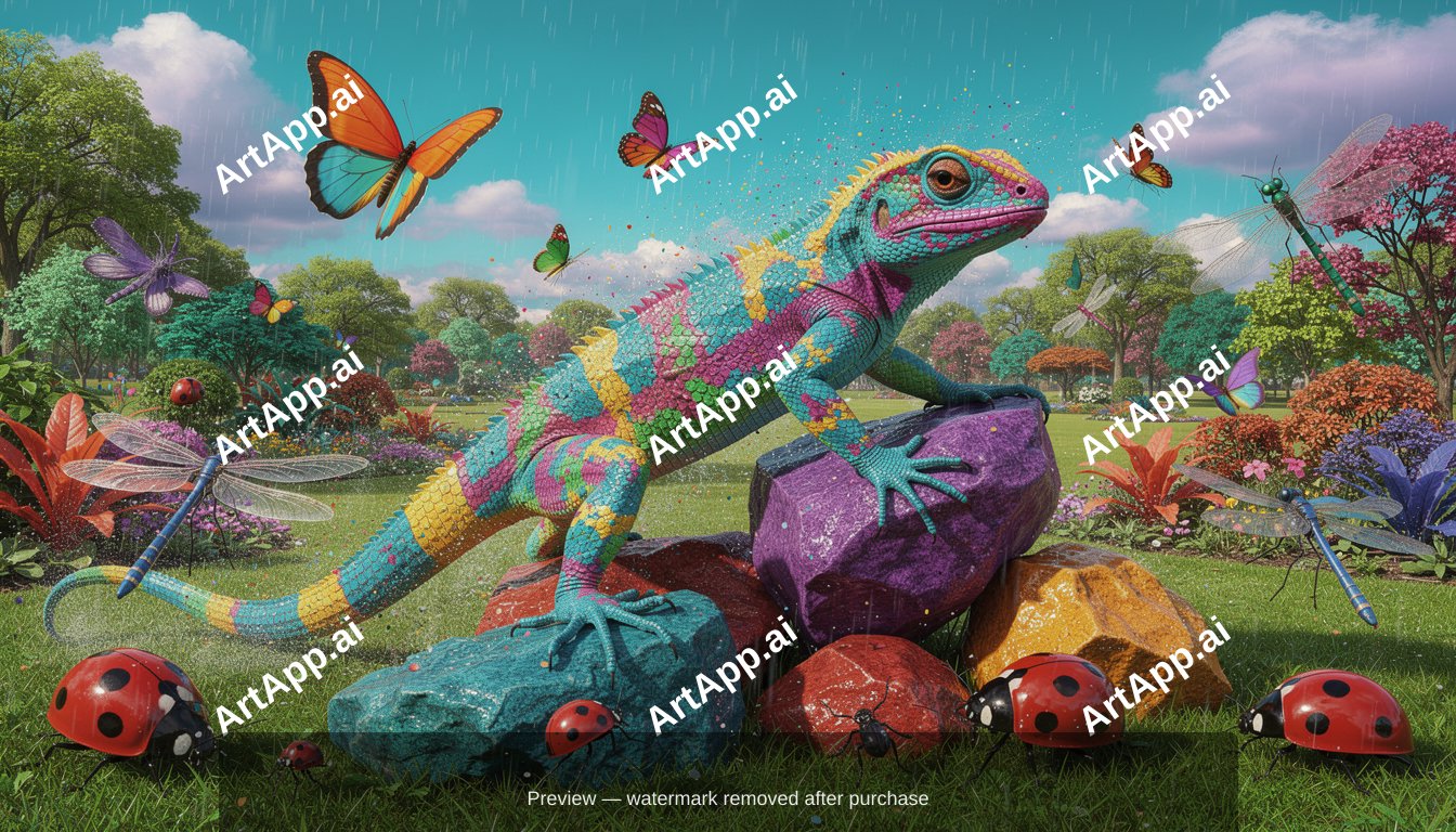 Multi coloured lizard climbing over rocks in a park full of butterflies and lady bugs and dragon flies and morning joy light rain, slight breeze