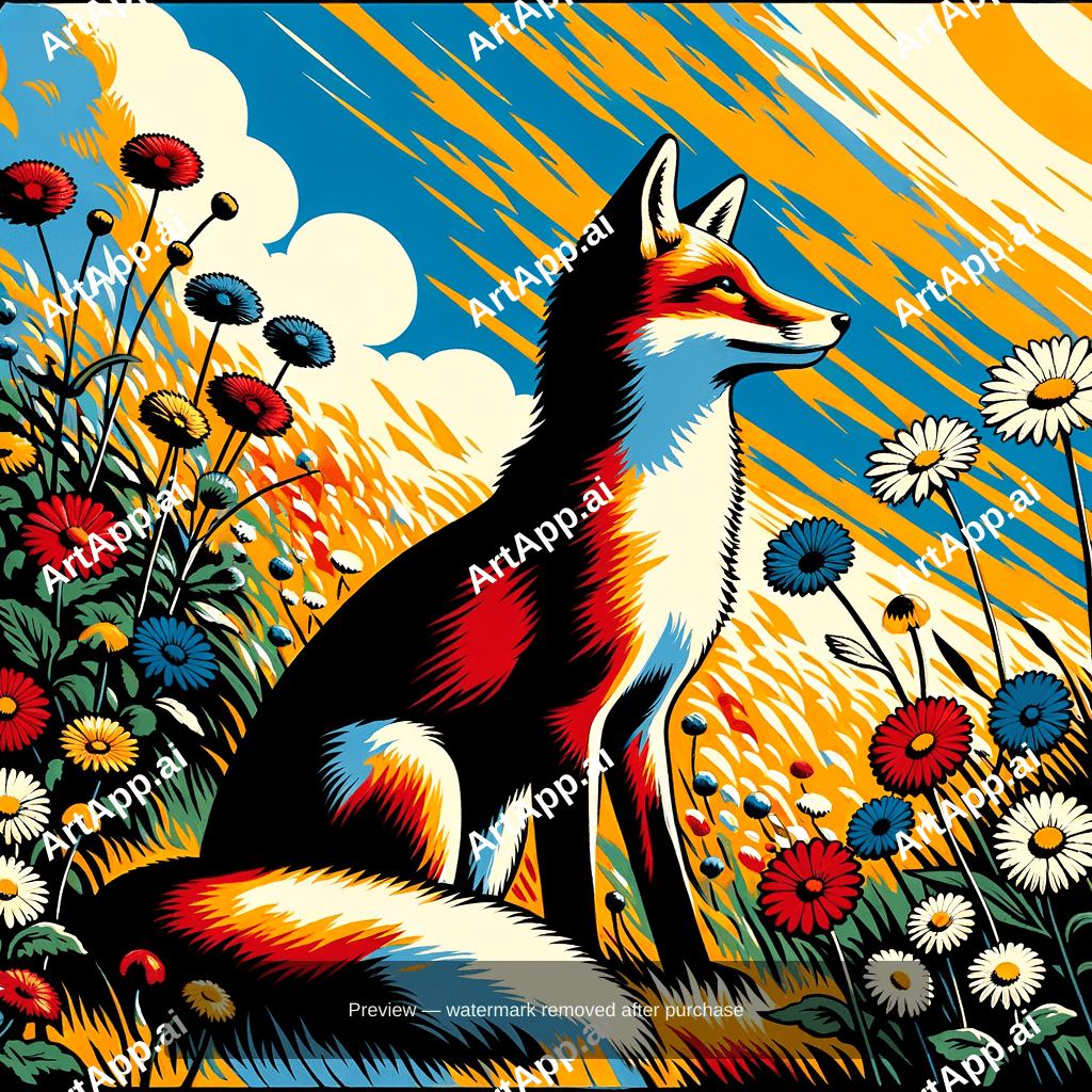 A Fox Sitting In A Sunlit Meadow With Wildflowers
