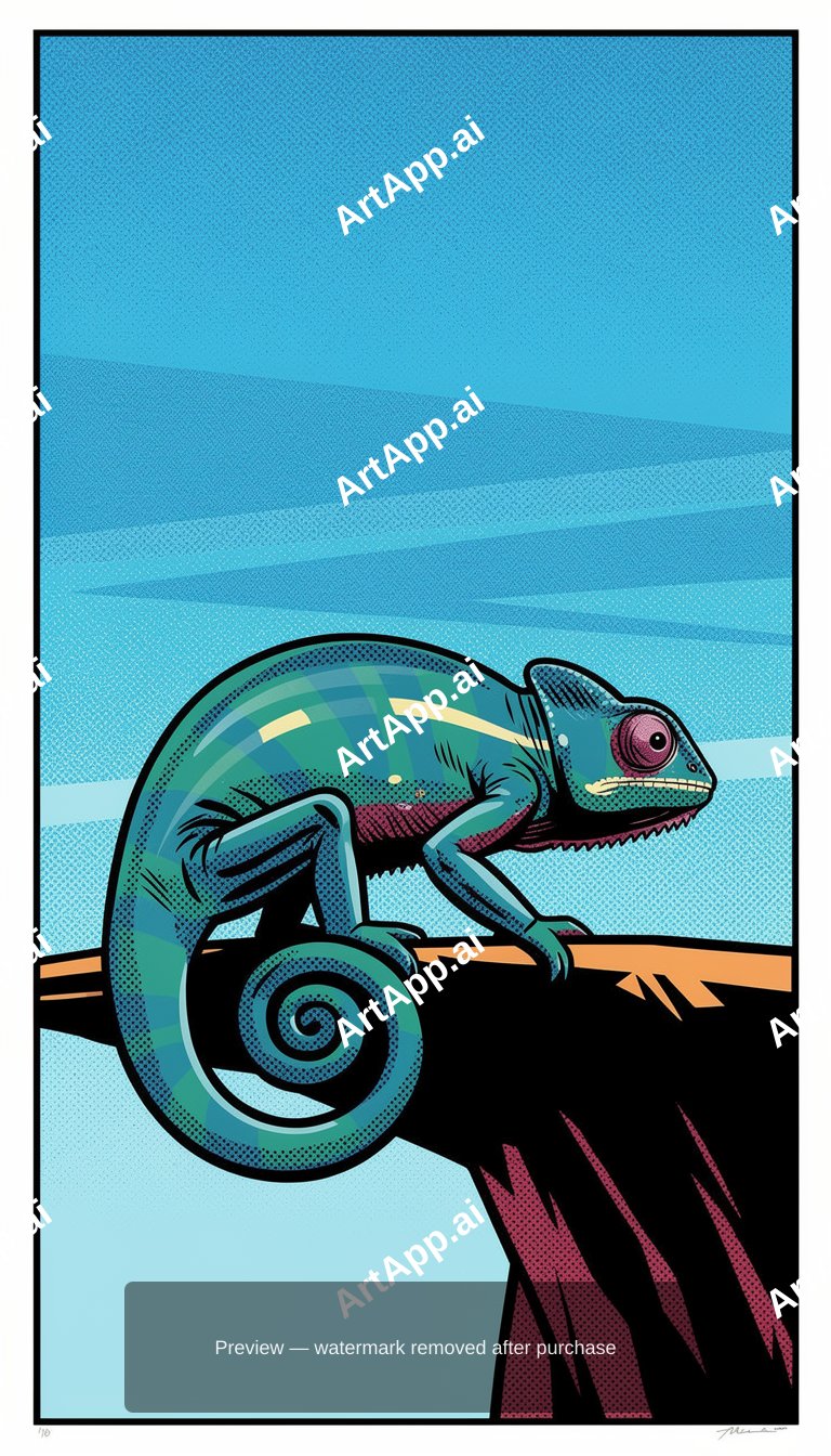 a chameleon with its tail in a tight spiral, silhouetted on a bare ridge against an enormous sky