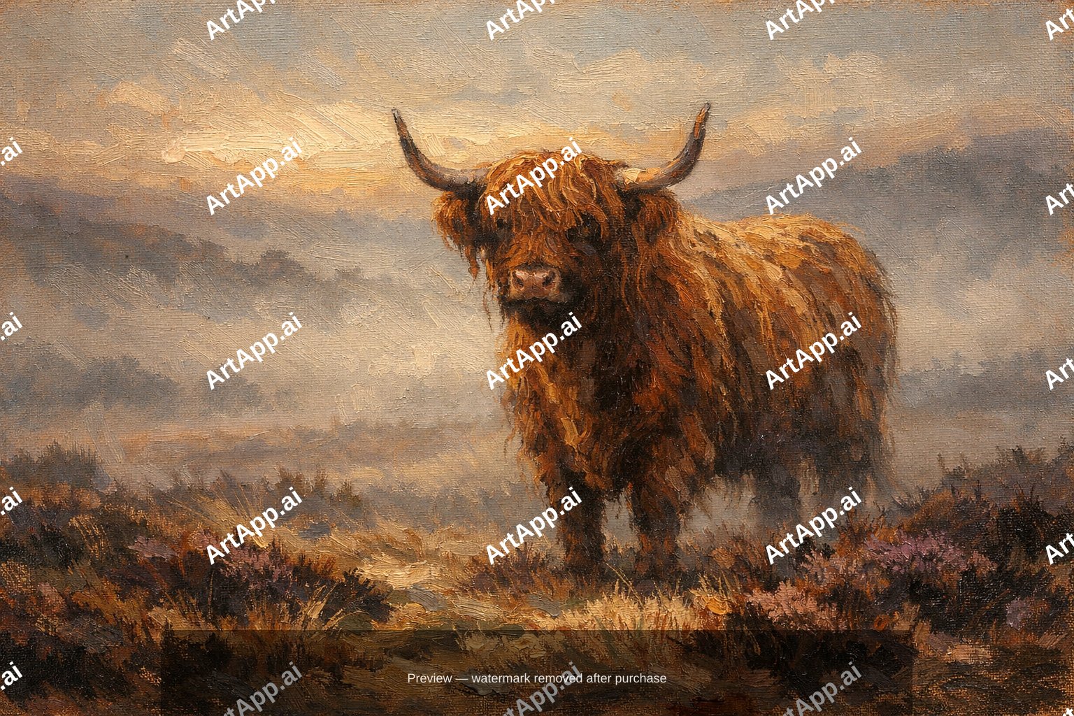A Highland Cow Standing In Morning Mist On Moorlan